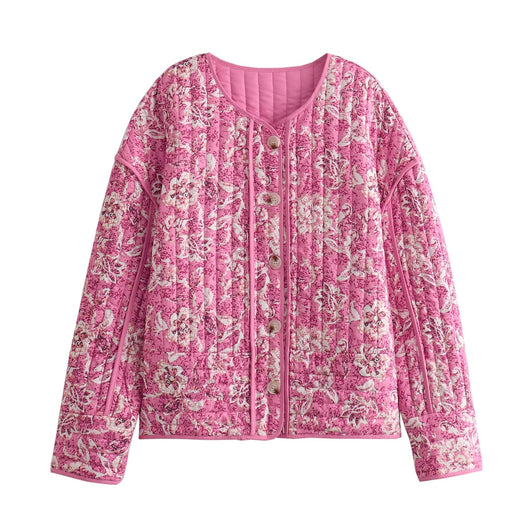 Blusa de Algodón Estampada Cuello Redondo Manga Larga Botón Simple