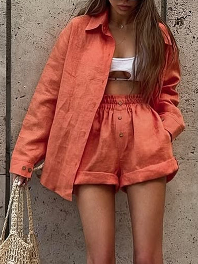 Conjunto Vintage de Camisa y Shorts Lisos Estilo Francés para Mujer - Image 9