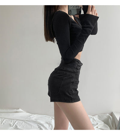 Short Denim Cintura Alta Tejido Cruzado Control de Abdomen para Mujer - Image 9