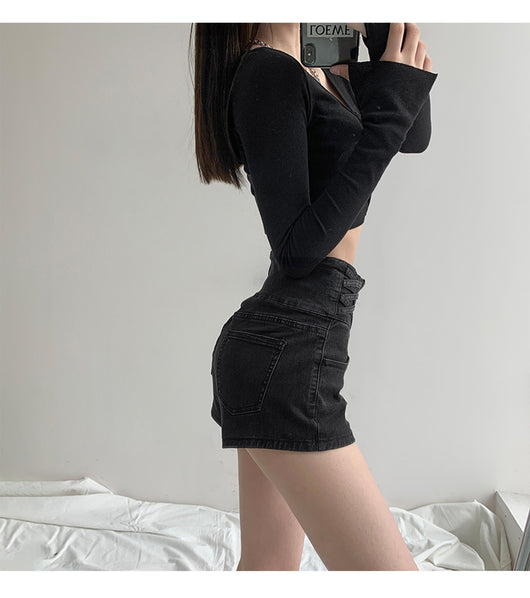 Short Denim Cintura Alta Tejido Cruzado Control de Abdomen para Mujer - Image 9