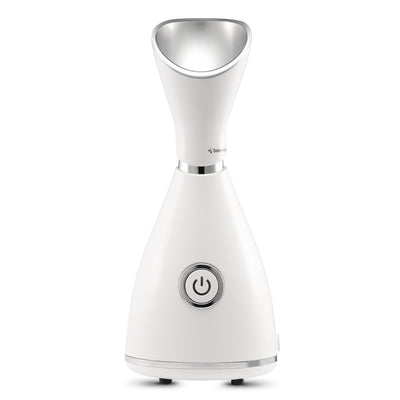 White facial steamer with a silver-toned steam nozzle and a prominent power button on the front, designed for home skincare. - Image 6