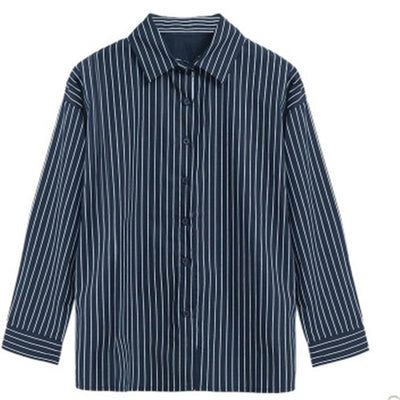 Camisa Universitaria Azul a Rayas Verticales Talla Grande Manga Larga Holgada y Versátil - Image 6