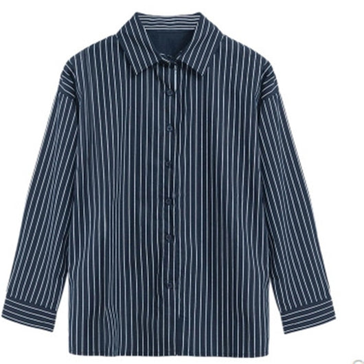 Camisa Universitaria Azul a Rayas Verticales Talla Grande Manga Larga Holgada y Versátil - Image 6