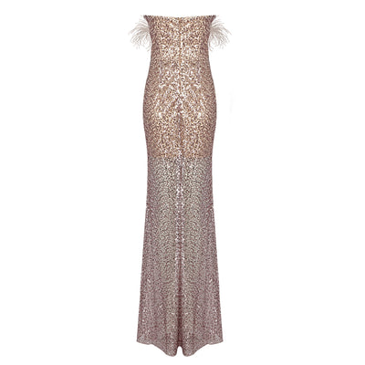 Vestido Strapless con Lentejuelas, Plumas y Detalles Calados - Image 4