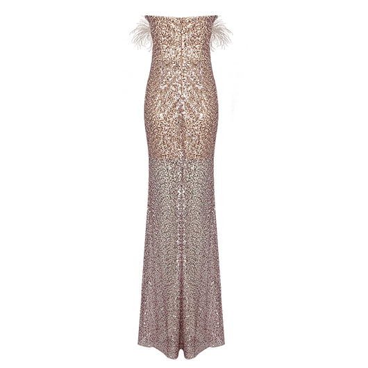 Vestido Strapless con Lentejuelas, Plumas y Detalles Calados - Image 4
