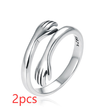 Anillo de Plata 925 Dos Manos Abrazo Retro Tailandés Minimalista - Image 12
