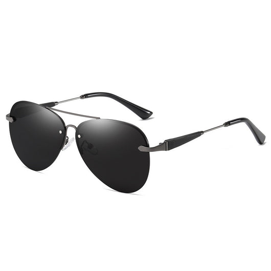 Classic rimless aviator sunglasses with black metal frames and dark black-gray polarized lenses on a white background. - Image 3