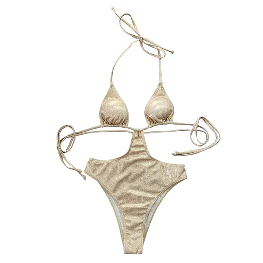 Woman wearing a shimmering gold one-piece swimsuit with a halter neck, crisscross straps, and stylish cut-out details. - Image 20