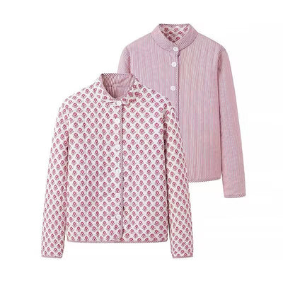 Abrigo Reversible de Algodón con Cuello Mao Estampado para Mujer - Image 8