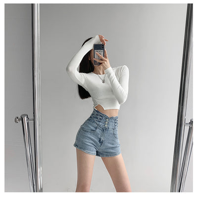 Short Denim Cintura Alta Tejido Cruzado Control de Abdomen para Mujer - Image 5