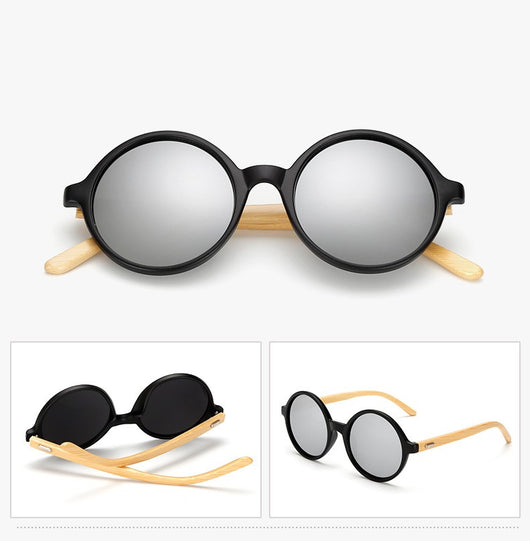 Round black frame sunglasses with gray lenses and light wood bamboo temples, shown from multiple angles. - Image 22
