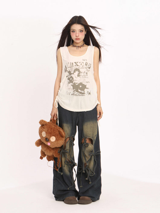 Pantalones Vaqueros Rotos con Cordones Cintura Alta Pierna Recta Mujer - Image 5