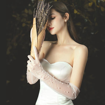 Guantes de Novia Malla de Perlas Blanco Elegante - Image 9