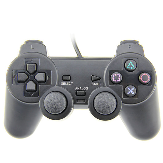 Black wired game controller for PS2 with dual analog sticks, D-pad, and colored action buttons. - Image 6