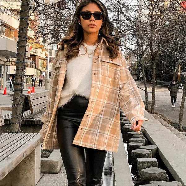 Camisa Larga Holgada a Cuadros Khaki para Mujer