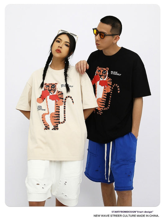 Camiseta Suelta Estampado Anime Tigre Manga Corta Unisex - Image 14