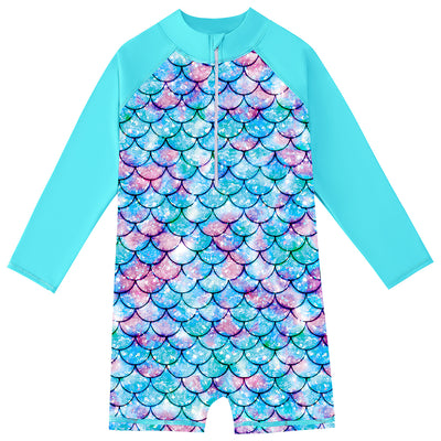 Children's long-sleeve swimsuit with a colorful floral print body and solid pink raglan sleeves, featuring a front zipper. - Image 8
