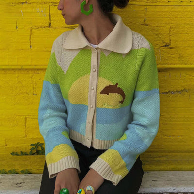 Cardigan Tejido Estampado Animal Print con Cuello Polo - Diseño Trendy para Mujer - Image 4