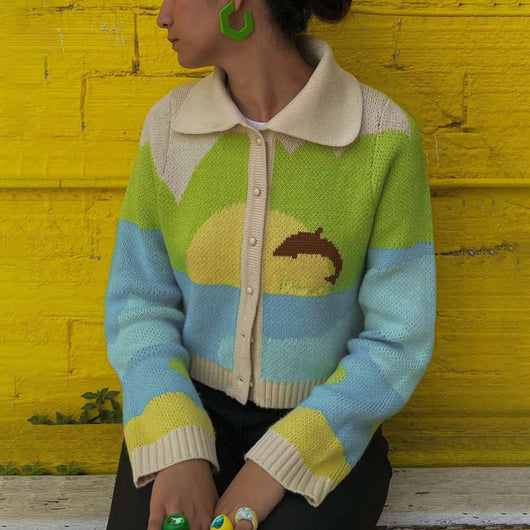 Cardigan Tejido Estampado Animal Print con Cuello Polo - Diseño Trendy para Mujer - Image 4
