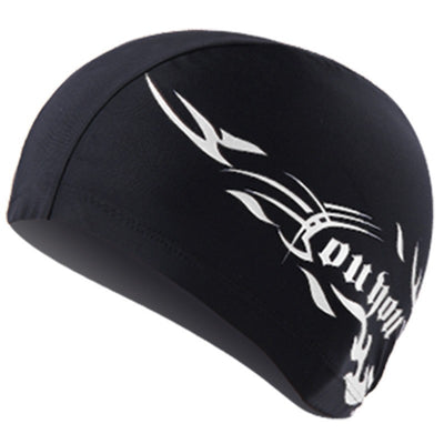 Black cloth swimming cap with a blue tribal-style graphic design on the side. - Image 6