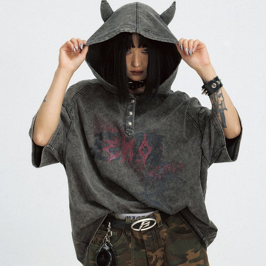 Sudadera con Capucha Efecto Desgastado Negro - Estilo Dark Devil