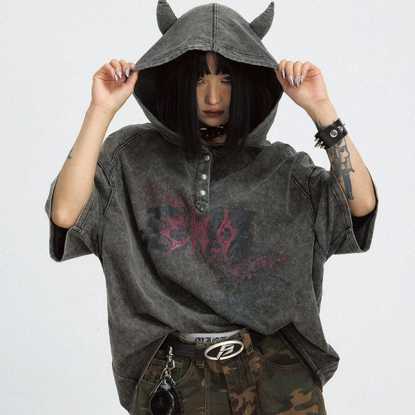 Sudadera con Capucha Efecto Desgastado Negro - Estilo Dark Devil