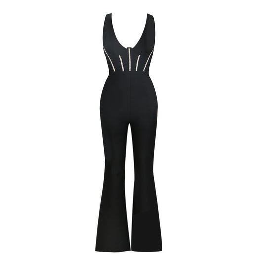 Jumpsuit Bandage Escotado con Espalda Descubierta y Diamantes - Image 7