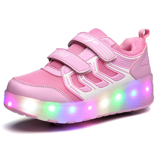 Blue and lime green girls' roller skates with light-up soles and retractable heel wheels. - Image 4