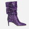 Botas Stiletto Punta Fina Efecto Serpiente Plisadas Púrpura y Plata