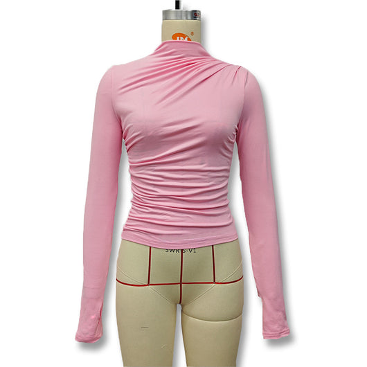 Blusa Cuello Alto Plisada Ajustada para Otoño e Invierno - Image 17