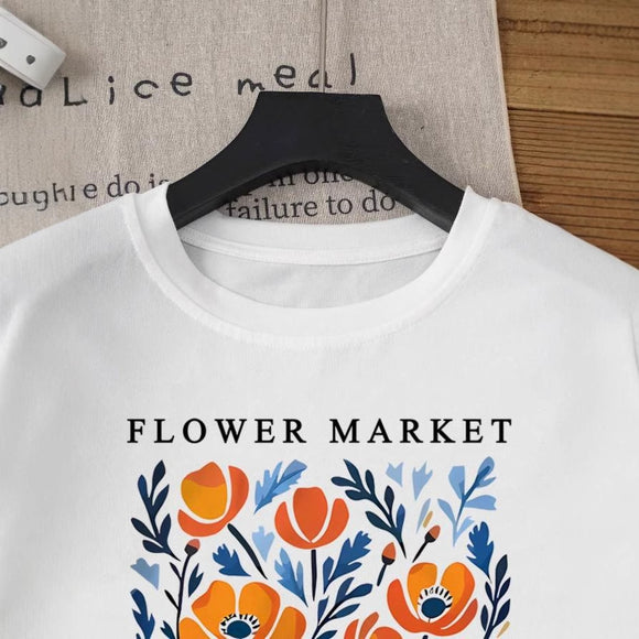Playera Estampada con Flores y Letras - Camiseta Fresca para Verano Mujer