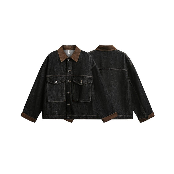 Chaqueta Denim Negra Retro Suelta para Hombre - Estilo Workwear Casual