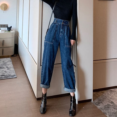 Pantalones Denim Cintura Alta Rectos Pierna Ancha Retro para Mujer