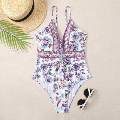 Traje de Baño Enterizo Escote Profundo Estampado Flor de Cashew - Image 8