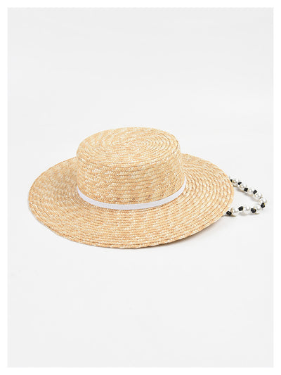 Sombrero de Paja Plano con Cadena de Perlas - Protección Solar Elegante - Image 13