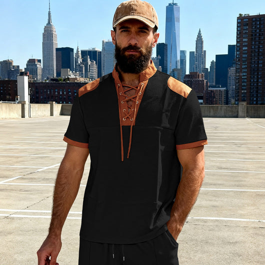 Camiseta Casual Hombre Estilo Medieval con Cuello Cordón - Image 17
