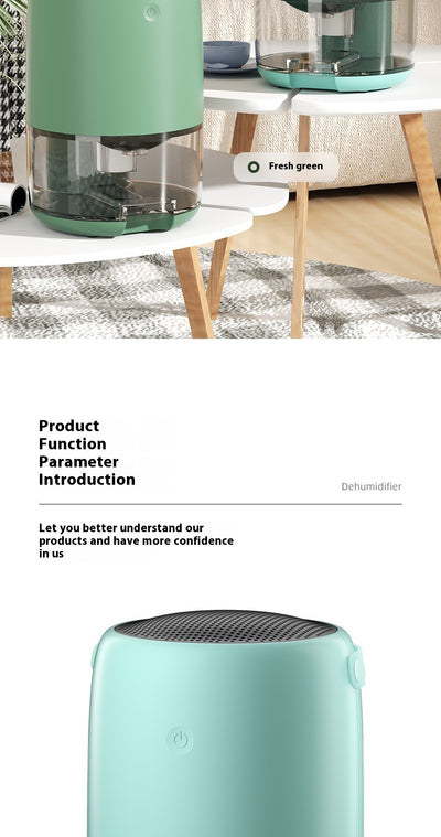 White compact dehumidifier with a transparent water tank, featuring a top grille and a power button. Highlights smart start, defrost, night mode, and quiet oper - Image 20
