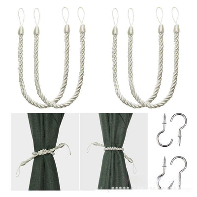 Four beige twisted rope curtain tie-backs with loops, shown with two silver screw-in hooks and on sheer white curtains. - Image 7