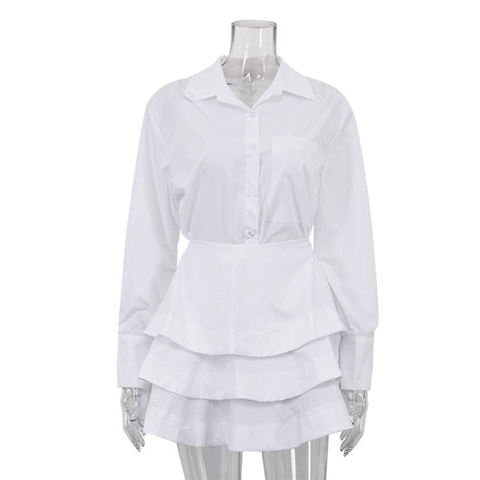 Vestido Sastre Blanco con Solapas y Mangas Largas de Cintura Alta - Image 5