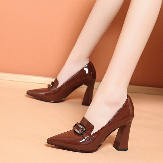 Zapatos de Tacón Grueso Punta Afilada - Cuero Versátil para Mujer - Image 10