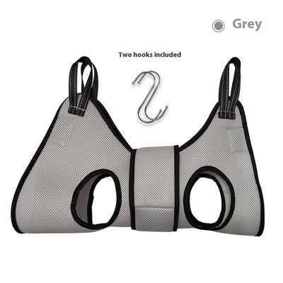 Grey polyester mesh pet grooming hammock with black trim and two leg openings, includes two silver S-hooks. - Image 3