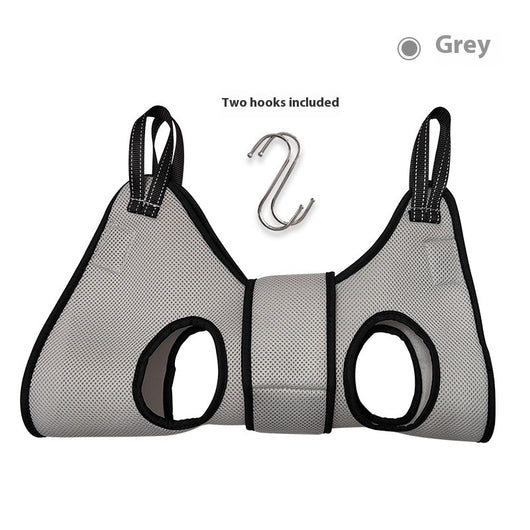 Grey polyester mesh pet grooming hammock with black trim and two leg openings, includes two silver S-hooks. - Image 3