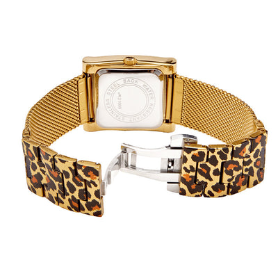 Reloj Cuadrado de Malla Acero Inoxidable Estampado Leopardo para Mujer - Image 7