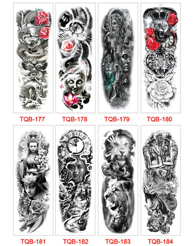 Full arm temporary tattoo sticker with a black, red, and light blue tribal design, featuring abstract shapes and patterns. - Image 58