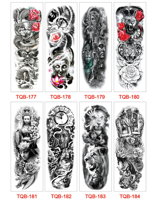 Full arm temporary tattoo sticker with a black, red, and light blue tribal design, featuring abstract shapes and patterns. - Image 58