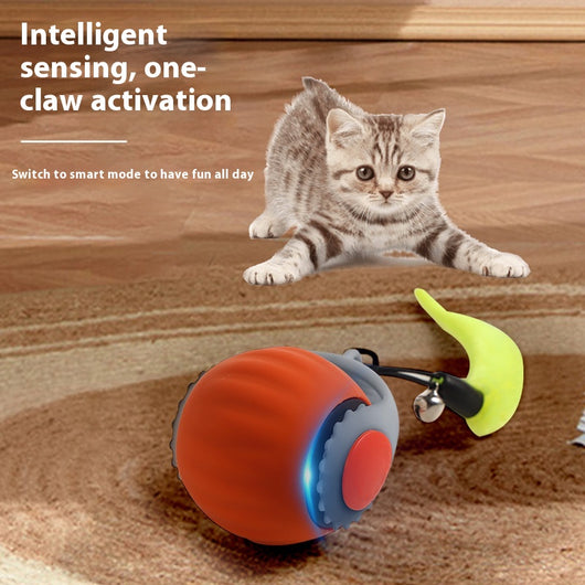 Blue and grey automatic cat toy ball with a yellow feather-like attachment and a small silver bell.
