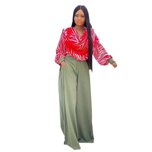 Conjunto de Moda Casual con Blusa Estampada y Pantalón Ancho - Image 2