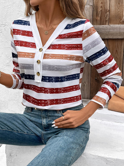 Blusa Mujer Rayas Cuello V Manga Larga con Detalles de Cierre - Image 7