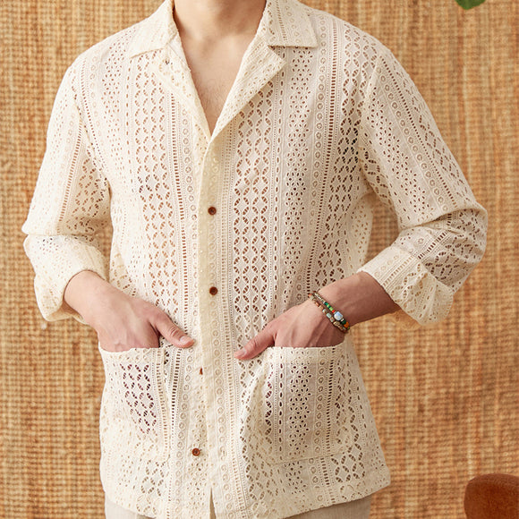 Camisa de Cuello Cubano Hueco de Algodón Manga Larga