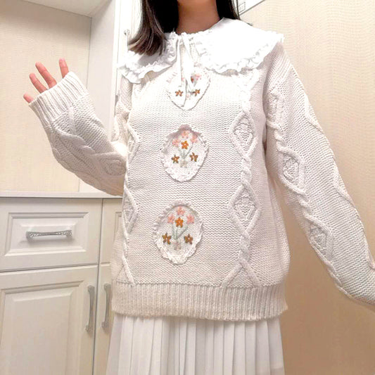 Suéter Holgado Artesanal Vintage Japonés con Flores Delicadas
